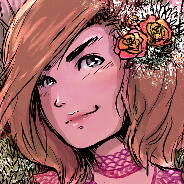 Illustration of Manda's face at 3/4 view, with orange roses and baby's breath in their hair